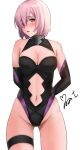  1girl arms_behind_back black_gloves black_leotard clothing_cutout cowboy_shot elbow_gloves fate/grand_order fate_(series) gloves hair_over_one_eye highleg highleg_leotard highres leotard looking_at_viewer mash_kyrielight navel_cutout pink_hair purple_eyes short_hair signature simple_background solo standing thigh_strap white_background yoo_tenchi 