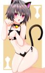  1girl 9-nine- absurdres animal_ears animal_print bangs bare_shoulders bell black_bra black_choker black_hair black_panties blush bra cat_ears cat_lingerie cat_panties cat_print cat_tail chess_piece choker collarbone eyebrows_hidden_by_hair eyelashes fang feet_out_of_frame flybig0311 frilled_bra frills groin hair_between_eyes hair_intakes highres kneeling lace-trimmed_panties lace_trim looking_at_viewer meme_attire meowing midriff navel neck_bell open_mouth panties paw_pose print_panties red_eyes short_hair_with_long_locks simple_background solo spiked_hair tail thighs underwear yellow_background yuuki_noa 