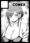  1girl black_border blush border breasts camisole circle_cut cleavage closed_mouth greyscale hair_bun huge_breasts jacket looking_at_viewer monochrome off_shoulder original sidelocks single_hair_bun solo spaghetti_strap zhen_lu 