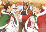  3boys animal_costume animal_ears antlers bara bell black_hair blush butler cafe cat_boy cat_ears cat_tail christmas dog_ears formal hat looking_at_viewer male_focus multiple_boys muscular muscular_male neck_bell original pectorals reindeer_antlers reindeer_costume rio_mukiniki santa_costume santa_hat short_hair suit tail tray white_suit 