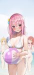  4girls ball bangs beachball bikini blue_eyes blush bocchi_the_rock! breasts breasts_apart collarbone commentary_request cowboy_shot cube_hair_ornament gotou_hitori groin hair_between_eyes hair_ornament highres holding holding_ball holding_beachball ijichi_nijika kita_ikuyo looking_at_viewer medium_breasts multiple_girls open_mouth pink_hair rouka_(akatyann) selfie_stick solo_focus standing swimsuit wading water wet white_bikini yamada_ryou 