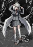  1girl :o absurdres arms_up bangs black_background blunt_bangs breasts brown_footwear buttons collared_shirt danganronpa_(series) danganronpa_v3:_killing_harmony full_body grey_hair grey_jacket grey_skirt harari highres jacket kneehighs large_breasts long_hair long_sleeves miniskirt neck_ribbon official_alternate_costume red_ribbon ribbon shirt shoes skirt socks solo standing teeth upper_teeth_only white_shirt wings yonaga_angie 