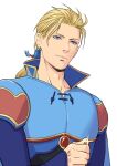  1boy armor blonde_hair blue_cape blue_eyes blue_shirt cape closed_mouth coin earrings edgar_roni_figaro final_fantasy final_fantasy_vi hair_slicked_back hair_tie highres holding holding_coin jewelry light_smile long_hair long_sleeves looking_at_viewer low_ponytail male_focus popped_collar sd_supa shirt shoulder_armor solo sparkle upper_body white_background 