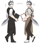  1boy animal_ears apron bara bow bowtie butler full_body highres looking_at_viewer male_focus multicolored_hair muscular muscular_male original pectorals rio_mukiniki short_hair sideways_glance suspenders tail thick_eyebrows translation_request two-tone_hair waist_apron waiter walking wolf_boy wolf_ears wolf_tail 