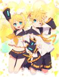  2girls arm_up bangs black_sailor_collar black_shorts black_sleeves blonde_hair blue_eyes blush brother_and_sister commentary crop_top detached_sleeves english_commentary grin hair_between_eyes hair_ribbon head_tilt headphones highres kagamine_len kagamine_rin long_sleeves mamyouda midriff multiple_girls navel neckerchief one_eye_closed orange_neckerchief ribbon sailor_collar shirt shoes short_shorts shorts siblings sleeveless sleeveless_shirt sleeves_past_wrists smile star_balloon treble_clef twins vocaloid white_footwear white_ribbon white_shirt wide_sleeves 