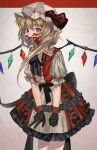  1girl :d absurdres back_bow bangs black_dress black_gloves blonde_hair blood blood_on_face bow bowtie commentary cowboy_shot crystal dress flandre_scarlet frilled_skirt frills gloves grey_dress grey_headwear hat hat_ribbon henginnnnnn highres long_hair looking_at_viewer mob_cap multicolored_clothes multicolored_dress open_mouth puffy_short_sleeves puffy_sleeves red_bow red_bowtie red_dress red_eyes ribbon short_sleeves skirt smile solo touhou v vampire wings wrist_cuffs 