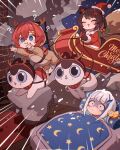  3girls :3 ? ange_katrina animal_costume animal_ears brown_hair chibi closed_eyes coat dog_ears empty_eyes fur-trimmed_coat fur_trim futon highres inui_toko lize_helesta multiple_girls nijisanji red_coat red_hair reindeer_costume santa_costume sled theamazingspino virtual_youtuber white_hair 