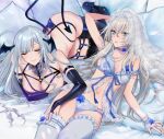  2girls ak-12_(girls&#039;_frontline) alternate_costume an-94_(girls&#039;_frontline) aqua_eyes aqua_hair arm_behind_head arm_up breasts bridal_gauntlets cleavage closed_eyes demon_girl demon_tail demon_wings elbow_gloves girls&#039;_frontline gloves grey_hair head_wings large_breasts lingerie long_hair lying multiple_girls on_back on_side shoukaki_(earthean) small_breasts smile tail underwear veil wings 