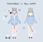  1girl :3 amashiro_natsuki animal_ears animal_hood bangs blue_bow blue_eyes blue_footwear blue_jacket blue_skirt blush bow cat_ears cat_girl cat_hood cat_tail character_name closed_mouth collared_shirt commentary_request drawstring dress_shirt fake_animal_ears frilled_skirt frills grey_background grey_hair hair_ornament heart highres hood hood_down hooded_jacket indie_virtual_youtuber jacket loafers long_sleeves low_twintails multiple_views nachoneko open_clothes open_jacket plaid plaid_bow plaid_skirt pleated_skirt shirt shoes simple_background skirt sleeves_past_fingers sleeves_past_wrists socks straight-on tail turnaround twintails virtual_youtuber white_shirt white_socks 