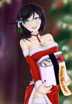  1girl absurdres badsharku belt black_hair black_lips black_nails blue_eyes box breasts christmas_tree gift gift_box girls&#039;_frontline highres holding holding_gift intruder_(girls&#039;_frontline) lipstick looking_at_viewer m4_sopmod_ii_jr makeup merry_christmas mistletoe mistletoe_hair_ornament sangvis_ferri solo 