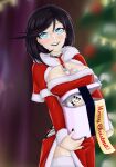  1girl absurdres badsharku belt black_hair black_lips black_nails blue_eyes box breasts christmas christmas_tree gift gift_box girls&#039;_frontline highres holding holding_gift intruder_(girls&#039;_frontline) lipstick looking_at_viewer m4_sopmod_ii_jr makeup merry_christmas sangvis_ferri solo 