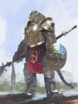  armor breastplate claws closed_mouth full_body furry furry_male gold_armor halberd helmet highres holding holding_shield holding_weapon lion miso_katsu original pauldrons pelvic_curtain polearm shield shoulder_armor solo standing tail warrior weapon 
