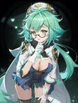  1girl alternate_breast_size beret black_background black_leotard black_thighhighs blue_leotard breasts cape cleavage cowboy_shot drooling frilled_leotard frills fur_collar genshin_impact glasses gloves green_hair hair_between_eyes hair_flaps hand_on_own_thigh hand_up hat heart heart_in_eye highres holding holding_test_tube leaning_forward leotard long_sleeves looking_at_viewer medium_breasts open_mouth orange_eyes penguin1007402125 ponytail semi-rimless_eyewear short_hair solo sucrose_(genshin_impact) symbol_in_eye test_tube thighhighs two-tone_leotard white_cape white_gloves 