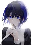  1girl black_dress blue_eyes blue_hair bob_cut ciel_(tsukihime) closed_mouth cross dress habit highres holding holding_cross looking_at_viewer neko_(ganecooo) nun short_hair simple_background solo tsukihime tsukihime_(remake) upper_body white_background 