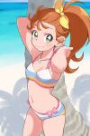  1girl beach bikini breasts cleavage commentary_request green_eyes hair_ribbon highres jewelry kikurage_(crayon_arts) looking_at_viewer multicolored_bikini multicolored_clothes natsuumi_manatsu necklace ocean orange_hair outdoors precure ribbon sand shell_necklace side_ponytail small_breasts smile solo striped striped_bikini swimsuit tropical-rouge!_precure wet yellow_ribbon 