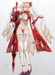  1girl absurdres ahoge ass_visible_through_thighs bare_hips blonde_hair breasts bridal_veil character_name cleavage fate/extra fate/grand_order fate_(series) green_eyes grin hair_intakes high_heels highleg highleg_leotard highres large_breasts leotard looking_at_viewer nero_claudius_(fate) nero_claudius_(fate/extra) princess_ailish red_footwear sidelocks simple_background skindentation smile solo sword thighhighs veil weapon 