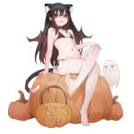  1girl :d absurdres animal_ears bat_wings black_bra black_panties bra cat_ears cat_girl cat_tail collar crossed_legs drooling fang feet flat_chest full_body ghost halloween highres jack-o&#039;-lantern legs long_hair looking_at_viewer mouth_drool navel no_shoes original panties pumpkin red_eyes shouwang sitting sitting_on_object skin_fang smile smug soles stomach suggestive_fluid tail thighhighs toes underwear underwear_only white_thighhighs wings xingye 