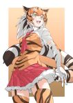  1girl absurdres animal_ear_fluff animal_ears animal_print bangs black_hair brown_background commentary cowboy_shot elbow_gloves extra from_below garter_straps gloves hair_between_eyes highres kemono_friends long_hair looking_away multicolored_hair necktie open_mouth orange_hair print_gloves print_shirt print_thighhighs red_necktie shirt short_sleeves simple_background smile solo sumatran_tiger_(kemono_friends) tail tanabe_(fueisei) teeth tiger_ears tiger_girl tiger_print tiger_tail upper_teeth_only white_hair wing_collar yellow_eyes 