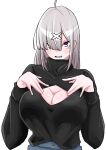  1girl absurdres ahoge black_sweater breasts casual cleavage cleavage_cutout clothing_cutout frim_02 grey_hair grin hair_over_one_eye highres large_breasts long_hair mole mole_under_eye nijisanji pink_eyes simple_background smile solo sukoya_kana sweater virtual_youtuber white_background 