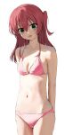  1girl alternate_costume arms_behind_back bangs bikini blush bocchi_the_rock! breasts cleavage collarbone gin00 green_eyes hair_between_eyes halterneck highres kita_ikuyo long_hair looking_at_viewer navel one_side_up open_mouth pink_bikini red_hair small_breasts smile solo standing stomach swimsuit wet 