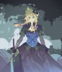  1boy aqua_eyes black_bow black_skirt blonde_hair blue_corset bow braid buster_sword cloud_strife corset cowboy_shot crossdressing final_fantasy final_fantasy_vii final_fantasy_vii_remake hair_bow highres holding holding_sword holding_weapon jewelry juliet_sleeves long_hair long_sleeves looking_at_viewer male_focus materia necklace official_alternate_costume pink_bow puffy_short_sleeves puffy_sleeves short_sleeves skirt solo spiked_hair sword tpqmsrp twin_braids weapon 