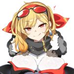  1girl black_scarf blonde_hair breasts closed_mouth dress eyewear_on_head gloves hanuma_hanma heart hololive hololive_indonesia impossible_clothes kaela_kovalskia kaela_kovalskia_(1st_costume) large_breasts looking_at_viewer red_eyes red_gloves scarf simple_background smile solo sunglasses taut_clothes taut_dress tongue tongue_out upper_body virtual_youtuber white_background white_dress 