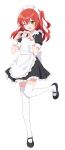  1girl ;d absurdres alternate_costume apron bangs black_dress black_footwear blush bocchi_the_rock! commentary dress enmaided frilled_apron frills full_body green_eyes hair_between_eyes heart heart_hands highres kita_ikuyo leg_up long_hair looking_at_viewer maid maid_apron maid_headdress one_eye_closed one_side_up pn_(wnsl216) puffy_short_sleeves puffy_sleeves red_hair shoes short_sleeves simple_background smile solo standing standing_on_one_leg thighhighs white_background white_thighhighs wrist_cuffs 