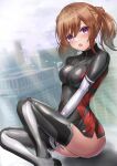  1girl :o absurdres alice_gear_aegis blush bodysuit breasts brown_hair elbow_gloves gloves highres kimikage_yui looking_at_viewer medium_breasts medium_hair open_mouth purple_eyes skin_tight solo thighhighs twintails waity_awa 