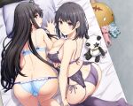  2girls absurdres ahoge all_fours ass back bed black_hair blue_bra blue_eyes blue_panties bra breasts cameltoe commentary_request from_above from_behind highres inanaki_shiki large_breasts lingerie long_hair looking_at_viewer looking_back looking_up multiple_girls on_bed panties pillow purple_bra purple_eyes purple_panties short_hair siblings sisters small_breasts stuffed_animal stuffed_panda stuffed_toy sweat underwear underwear_only yahari_ore_no_seishun_lovecome_wa_machigatteiru. yukinoshita_haruno yukinoshita_yukino 