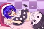  1girl bed black_dress blue_eyes blue_hair blush doremy_sweet dress hat highres looking_at_viewer mifutatsu on_bed open_mouth pillow red_headwear santa_hat sheep_tail short_hair solo tail touhou wall 