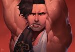  1boy bara black_bull_(emblem) black_capelet black_clover black_hair capelet cigarette close-up facial_hair frown highres incoming_attack large_pectorals looking_at_viewer male_focus mature_male milicraft_psd muscular muscular_male pectorals serious short_hair solo stubble tank_top triceps upper_body veins veiny_arms white_tank_top yami_sukehiro 