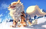  arcanine breath closed_eyes commentary_request day fangs from_below funahashi_(nkmmmmr) no_humans open_mouth outdoors pokemon pokemon_(creature) sky snow solo standing tongue twitter_username 