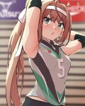  1girl alternate_costume alternate_hairstyle arthur_ko asagumo_(kancolle) brown_hair commentary_request grey_eyes grey_shirt headband highres jersey kantai_collection long_hair multicolored_shirt ponytail shirt sleeveless sleeveless_shirt solo sportswear unfinished upper_body volleyball_uniform white_headband 