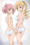  1girl ass bikini blonde_hair breasts commentary_request drill_hair flat_chest gradient gradient_background grey_background hair_ornament hairpin highres kaname_madoka kinfuji large_breasts looking_at_viewer looking_back mahou_shoujo_madoka_magica matching_outfit pink_eyes pink_hair ponytail short_hair solo standing swimsuit tomoe_mami white_bikini yellow_eyes 