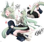  1boy 1girl anger_vein animal_ear_fluff animal_ears arknights ass bangs black_skirt blush boots cat_ears cat_tail clothes_lift doctor_(arknights) english_text floating_hair gie_(gienara) girl_on_top green_eyes green_hair harmonie_(arknights) highres hood hood_up hooded_jacket jacket long_hair long_sleeves lying mask multiple_views no_panties on_back one_eye_closed open_mouth simple_background sitting sitting_on_person skirt skirt_lift straddling tail tail_grab very_long_hair white_background 