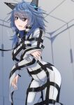  1girl absurdres bdsm blue_hair bodysuit bondage bound commentary_request cowboy_shot crossed_arms green_eyes heavy_breathing highres long_hair looking_at_viewer menou_74 original padded_walls partial_commentary sharp_teeth solo straitjacket teeth white_bodysuit 