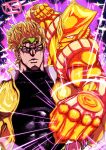  1boy absurdres aura batm_andrew blonde_hair dio_brando frown hands_on_hips headband heart highres jacket jojo_no_kimyou_na_bouken male_focus motion_blur muscular muscular_male signature stand_(jojo) stardust_crusaders the_world yellow_eyes yellow_jacket 