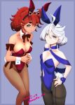  2girls ahoge animal_ears aqua_eyes bangs black_pantyhose blue_background blue_leotard bow bowtie breasts brown_bow brown_bowtie cleavage clothing_cutout commentary_request cowboy_shot dark-skinned_female dark_skin dated detached_collar feet_out_of_frame grey_eyes gundam gundam_suisei_no_majo hair_between_eyes hands_on_hips leotard long_hair medium_breasts miorine_rembran moke_ro multiple_girls navel_cutout pantyhose playboy_bunny rabbit_ears rabbit_tail red_hair red_leotard simple_background small_breasts suletta_mercury swept_bangs tail thick_eyebrows tiara twitter_username white_hair wrist_cuffs 
