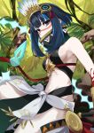  1girl absurdres black_eyes black_hair blue_hair breasts colored_inner_hair facial_mark fate/grand_order fate_(series) headdress high_collar highres huitzilopochtli_(fate) itame_moyashi jungle multicolored_hair nature navel sash small_breasts tlaloc_(fate) whip 