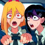  2girls absurdres aisendraw bangs black_hair black_jacket black_necktie blonde_hair car_interior chainsaw_man collared_shirt cross-shaped_pupils fangs formal hair_between_eyes hair_ornament hairclip higashiyama_kobeni highres horns jacket long_hair looking_at_viewer medium_hair meme mole mole_under_eye mole_under_mouth multiple_girls multiple_moles necktie open_mouth power_(chainsaw_man) power_crashes_kobeni&#039;s_car_(meme) red_eyes red_horns sharp_teeth shirt short_ponytail single_sidelock steering_wheel suit suit_jacket surprised sweat swept_bangs symbol-shaped_pupils teeth turn_pale white_shirt 