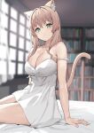  1girl :3 absurdres animal_ears blurry book bookshelf breasts cat_ears cat_girl cat_tail depth_of_field dress highres indoors large_breasts light_brown_hair long_hair looking_at_viewer original ryou_(ponpgo) sitting sleeveless sleeveless_dress smile strap_slip tail white_dress 