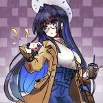  1girl absurdres bag belindraw_(tumblr) between_breasts black_hair blue_eyes blue_hair breasts brown_coat coat cup denim disposable_cup english_commentary glasses handbag highres hololive hololive_english jeans large_breasts long_hair official_alternate_costume ouro_kronii pants strap_between_breasts virtual_youtuber watch wristwatch 