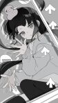  1girl absurdres animal_on_head arrow_(symbol) bangs bird bird_on_head black_hair black_thighhighs blunt_bangs commentary fingernails grey_eyes grey_hoodie highres hood hood_down hoodie lag_train_(vocaloid) long_hair looking_at_viewer low_twintails monochrome omutatsu on_head osage_(inabakumori) pout sidelocks solo tears thighhighs twintails very_long_hair 