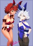  2girls ahoge animal_ears aqua_eyes bangs bare_legs black_pantyhose blue_background blue_leotard bow bowtie breasts brown_bow brown_bowtie cleavage clothing_cutout commentary_request cowboy_shot dark-skinned_female dark_skin dated detached_collar feet_out_of_frame grey_eyes gundam gundam_suisei_no_majo hair_between_eyes hands_on_hips leotard long_hair medium_breasts miorine_rembran moke_ro multiple_girls navel_cutout pantyhose playboy_bunny rabbit_ears rabbit_tail red_hair red_leotard simple_background small_breasts suletta_mercury swept_bangs tail thick_eyebrows tiara twitter_username white_hair wrist_cuffs 