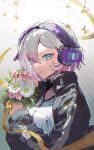  1girl black_coat blue_eyes bouquet cevio ci_flower coat commentary flower flower_(vocaloid) headphones highres holding holding_bouquet jacket looking_at_viewer multicolored_hair nao_(naaa_195) parted_lips pink_flower purple_hair ribbon shirt short_hair solo streaked_hair tsurime upper_body vocaloid white_flower white_hair white_shirt 