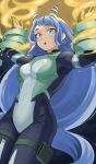  1girl :o absurdres bangs blue_eyes blue_hair bodysuit boku_no_hero_academia breasts commentary drill_hair fengling_(furin-jp) floating gloves hadou_nejire highres light_blue_hair long_hair looking_at_viewer medium_breasts open_mouth skin_tight solo thighs very_long_hair 