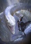  1boy animal black_hair fighting giant_snake great_serpent_(sekiro) highres holding holding_sword holding_weapon miso_katsu oversized_animal ponytail prosthesis prosthetic_arm sekiro sekiro:_shadows_die_twice snake sword weapon white_snake 