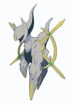  arceus closed_mouth colored_sclera commentary_request full_body gogot green_sclera highres looking_down no_humans pokemon pokemon_(creature) red_eyes simple_background solo white_background 