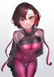  1girl absurdres blush bodysuit breasts brown_eyes brown_hair colored_inner_hair highres kilye_kairi latex latex_bodysuit looking_at_viewer medium_breasts multicolored_hair original pink_bodysuit pink_hair skin_tight skindentation smile two-tone_hair 