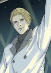  1boy arm_up bangs black_shirt blonde_hair buttons final_fantasy final_fantasy_vii hair_between_eyes highres jacket long_sleeves looking_at_viewer male_focus outdoors parted_bangs parted_lips rufus_shinra sd_supa shirt short_hair smile solo turtleneck upper_body white_jacket 